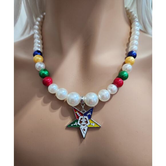OES Eastern Star Pendant with White, Blue, Yellow, Red & Green Pearls - Picture 4 of 5